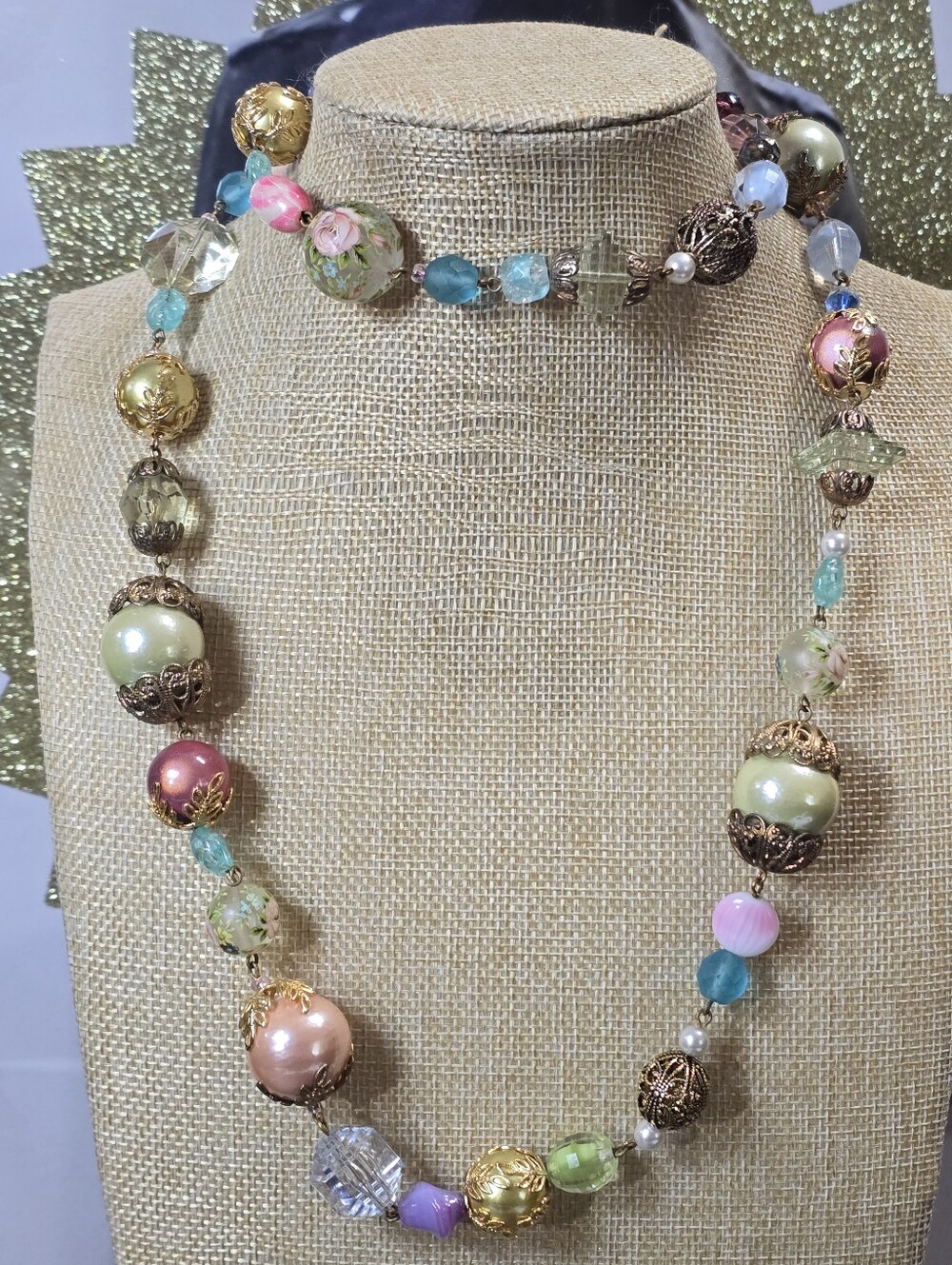 Vintage Iris Lane Pastel & Floral Multi-Bead Statement Necklace